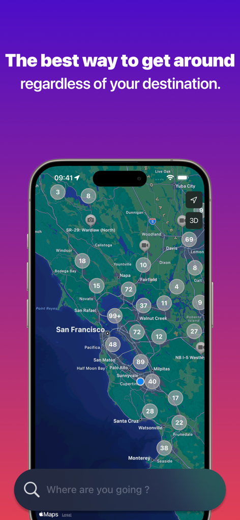 California Road Cameras - Map of San Francisco Bay Area in the California Road Cameras app displaying clusters of live traffic cameras.