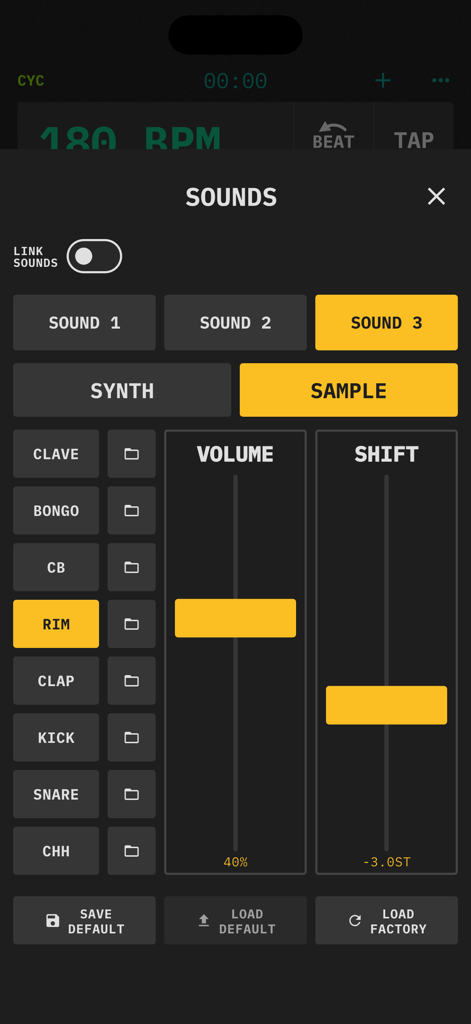 MRT-7 Metronome - Interfaz de configuración de sonido de Metrónomo MRT-7 mostrando la selección de muestras y controles de volumen