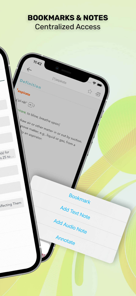 Taber’s Medical Dictionary - An iPhone screen displaying the Tabers Medical Dictionary app with a menu open for adding bookmarks, text notes, audio notes, and annotations to a medical term.