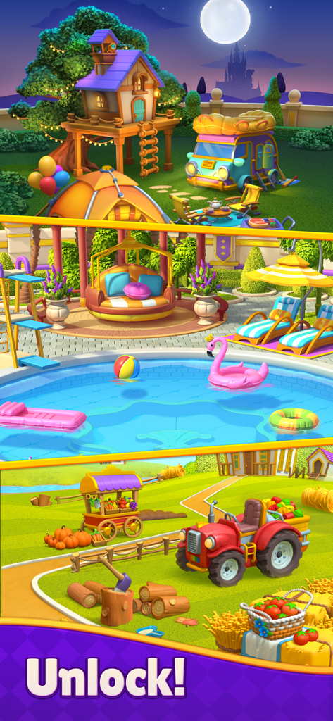 Dream Mania - Match 3 Games - Uma série de ambientes de jogo desbloqueáveis em Dream Mania, incluindo uma área de piscina e uma fazenda rural