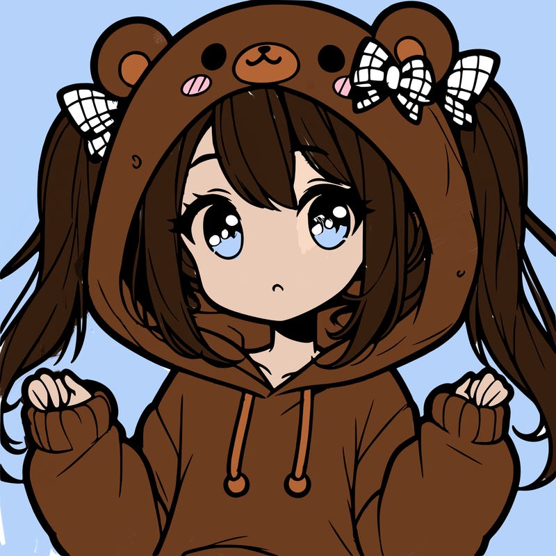 cute anime girl with ponytails and a cute bear hoodie