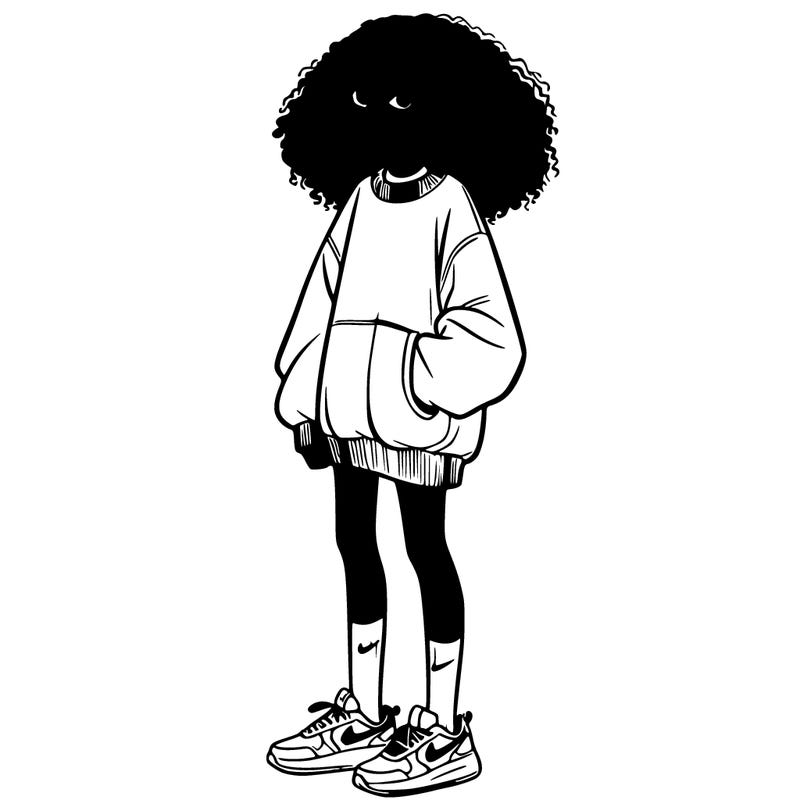 ethiopian girl with a baggy sweater and black tights with nike socks and white nike shoes