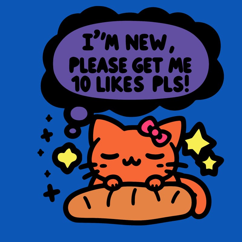 kitty taking a nap dream talking and saying "i'm new, please get me at least 10 likes pls!!"