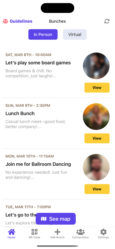 Bunch - Social App - Bunch app interface showing a list of upcoming small group social meetups like board games and lunch bunches