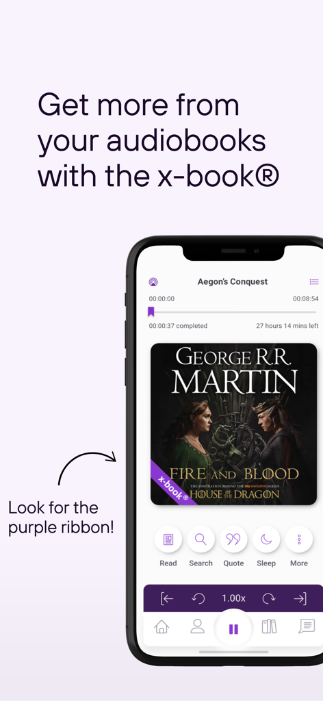 xigxag: Audiobooks, but Better - Un smartphone que muestra el reproductor de la aplicación xigxag con el x-book de George R R Martin Fire and Blood con una cinta morada