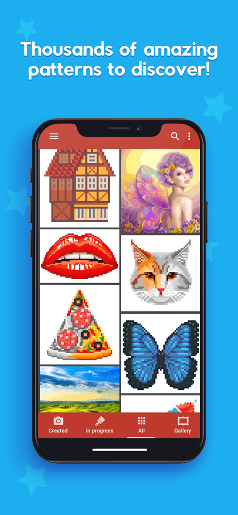 Pixel Tap: Color by Number - A gallery of pixel art patterns in the Pixel Tap app including a house fairy cat and butterfly
