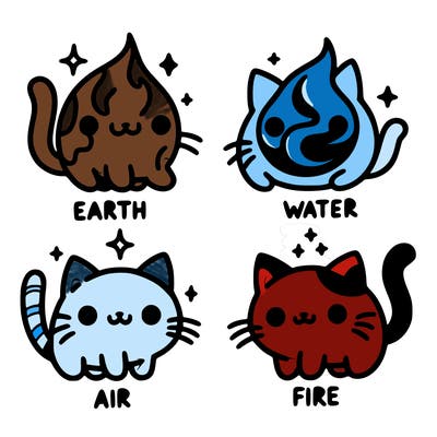 4 cats that represent the different elements, earth, water, air, and fire