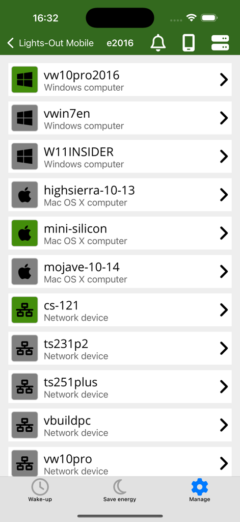 Interfaccia dell'app Lights-Out Mobile che visualizza un elenco di computer Mac e dispositivi di rete Windows gestiti