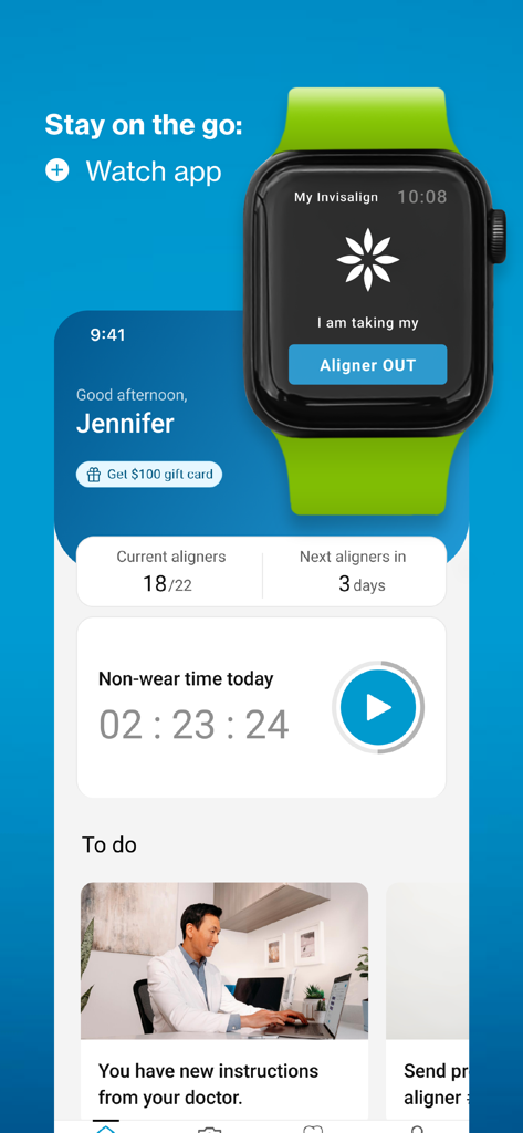 My Invisalign - Interfaccia dell'app mobile e dell'app per Apple Watch My Invisalign che mostra il monitoraggio degli allineatori e i progressi del trattamento