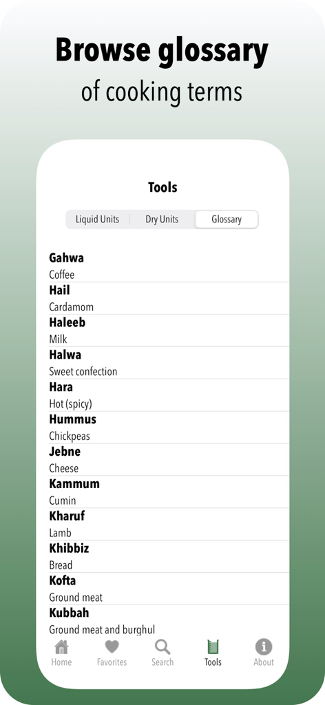 Glossary of Saudi Arabian culinary terms and English translations in the Arabian Flavors app tools section
