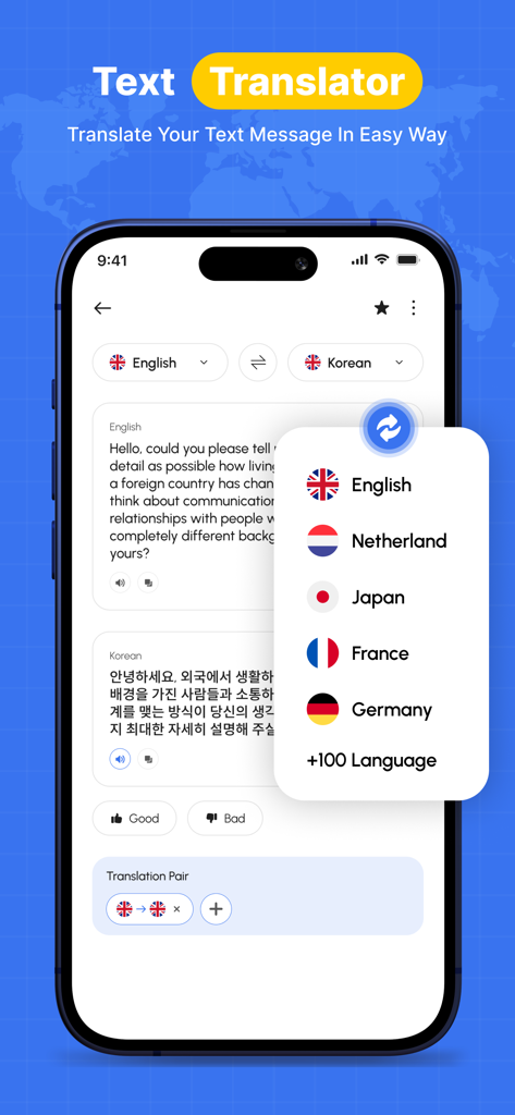 AI Translator app interface showing text translation from English to Korean with a dropdown list of multiple languages and flags.