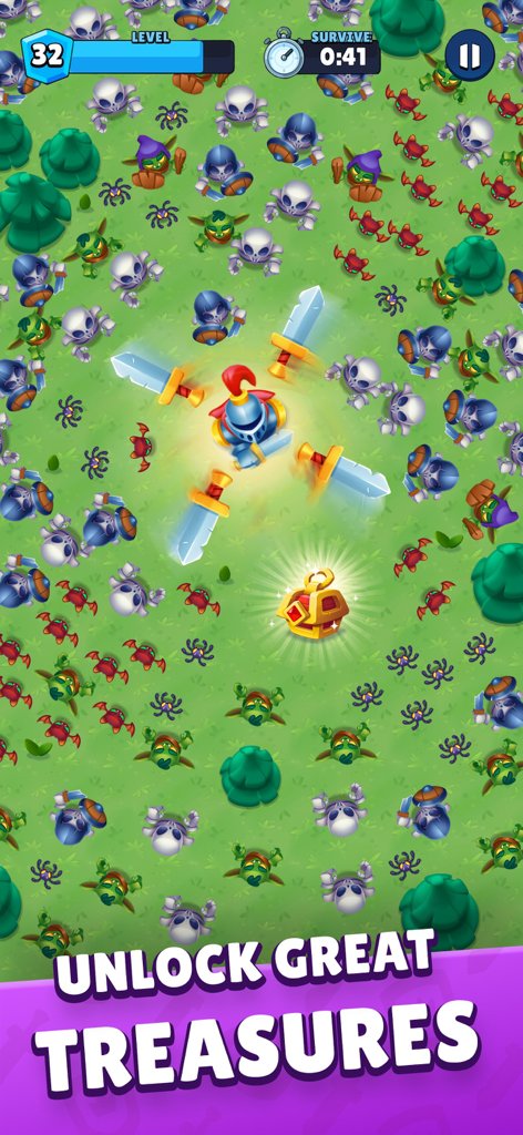 Heroes vs Hordes: Survival RPG - Knight hero fighting a horde of enemies near a glowing treasure chest in Heroes vs Hordes