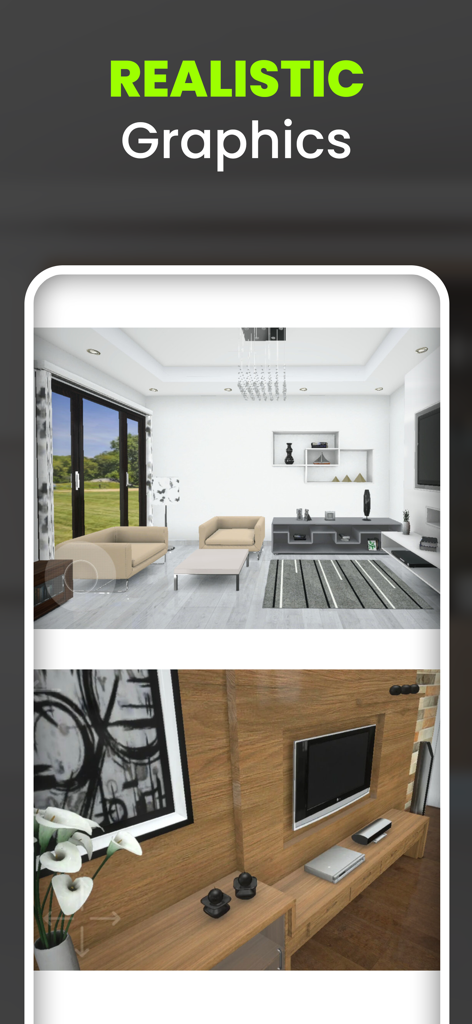 Captura de pantalla de la aplicación Home Design 3D Designverse mostrando gráficos 3D realistas de alta calidad de una sala de estar moderna y muebles con textura de madera