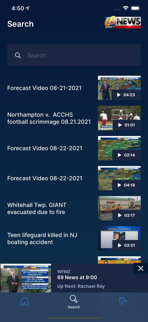 Search interface for WFMZ+ showing a list of local news weather and sports video clips