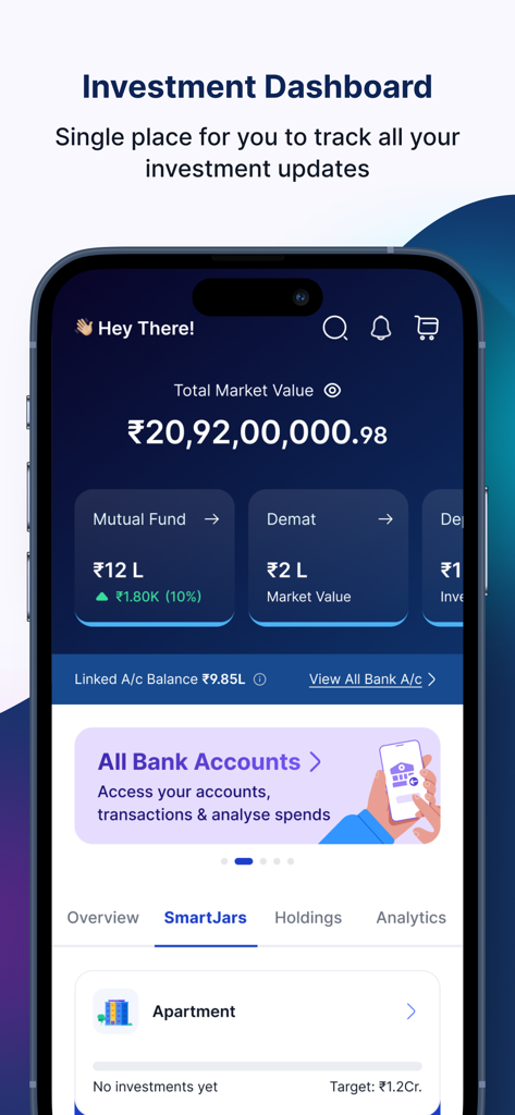 HDFC Bank SmartWealth - Dashboard der HDFC Bank SmartWealth App, das den gesamten Marktwert und die Zielverfolgung der SmartJars anzeigt.