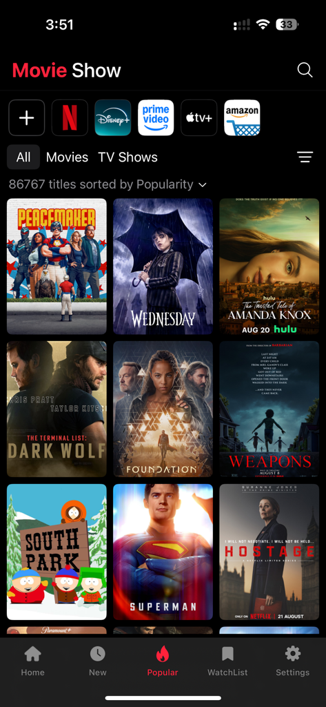 Movie Boxアプリのインターフェース。ストリーミングサービスのフィルターが付いた人気の映画やテレビ番組のグリッドを表示しています。