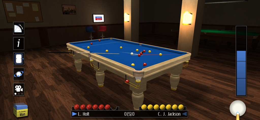 Pro Snooker 2026 - Jogabilidade do Pro Snooker 2026 mostrando uma mesa de snooker em 3D e interface de mira de tacada