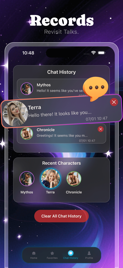 Hoggi - Hoggi app chat history screen displaying a list of conversations with AI characters and a recent characters section over a space themed background