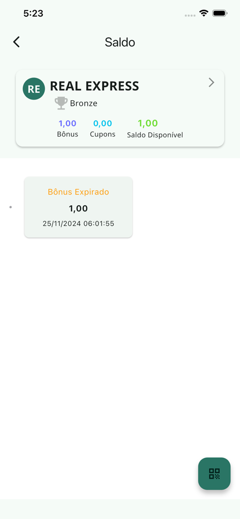 Real Express app screen showing available cashback balance and bronze loyalty status