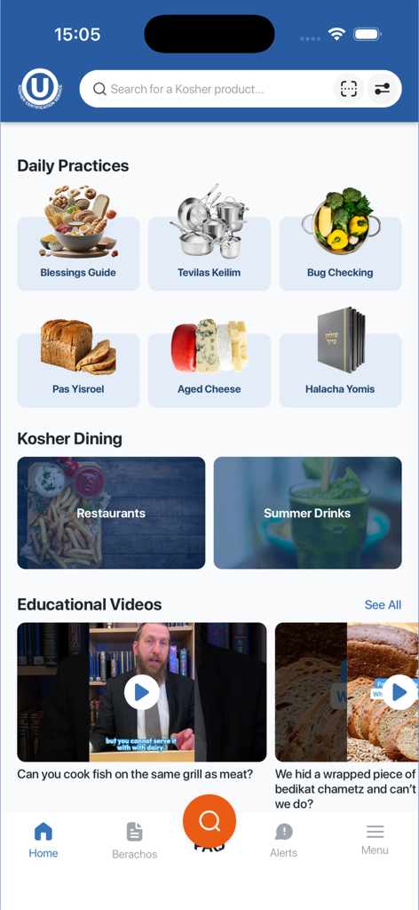 OU Kosher - Panel de la aplicación OU Kosher que muestra guías religiosas, prácticas diarias y videos educativos