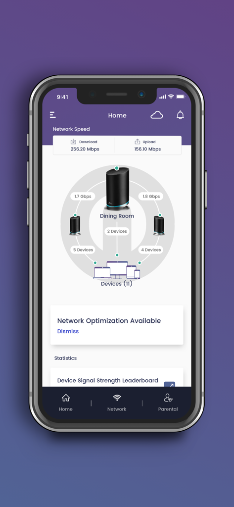 Pantalla de inicio de SURFboard Central mostrando velocidades de descarga y carga y un mapa visual de dispositivos Wi-Fi de malla conectados.