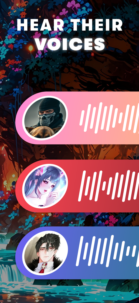 Carter Chat: Viral AI Chat App - Three AI character avatars with audio waveforms showcasing the voice note feature in Carter Chat.