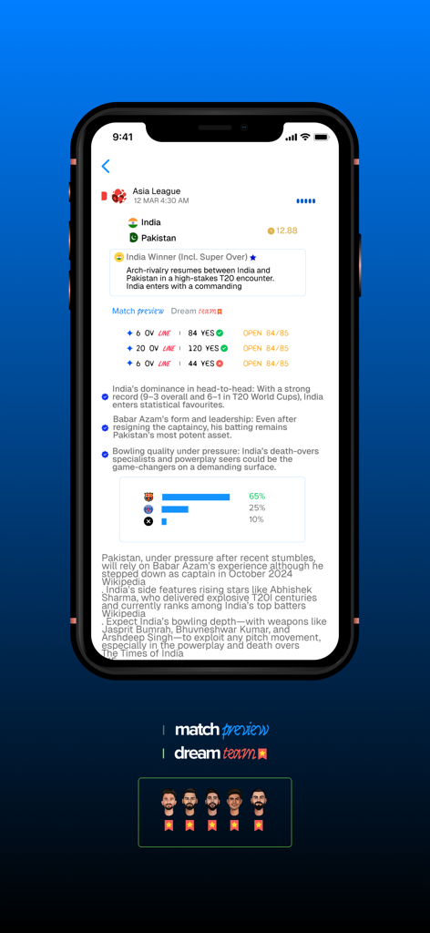 Kickff : Picks & SuperX AI - Kickff app screen displaying cricket match insights and AI betting picks