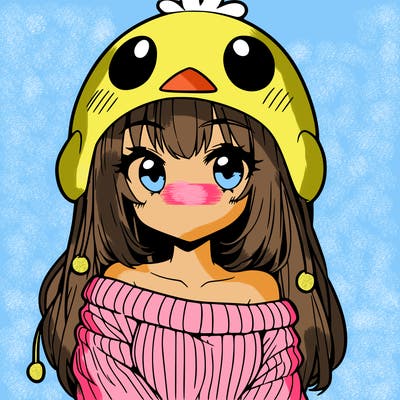 anime girl with chick shaped hat with sweater with bare shoulders with bangs covering them one eye with low tail