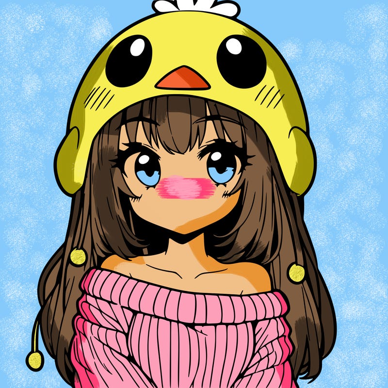 anime girl with chick shaped hat with sweater with bare shoulders with bangs covering them one eye with low tail