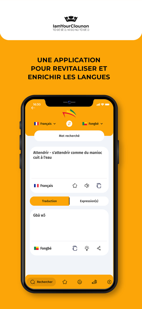 Interface de aplicativo móvel mostrando a tradução do francês para Fongbe para a preservação da língua beninesa