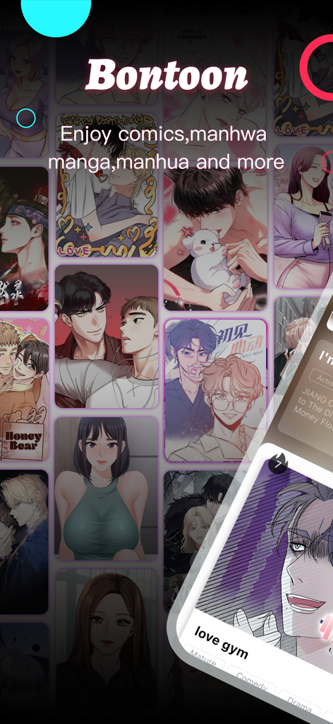 Bontoon - Manga & Comics - Bontoon app screen displaying a grid of diverse manga and manhwa covers