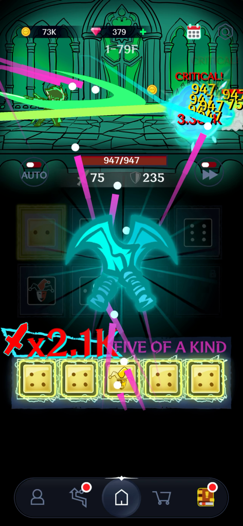 Dark Tap Dice - Juego de Dark Tap Dice mostrando una mano de póker de cinco iguales y altos multiplicadores de daño en combate.