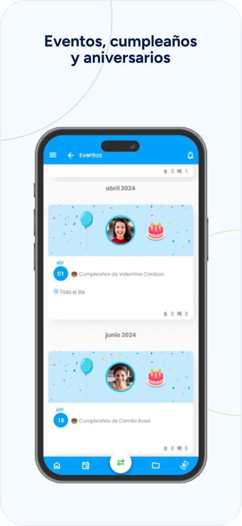 Naaloo - Naaloo mobile app interface showing employee birthdays and company event tracking