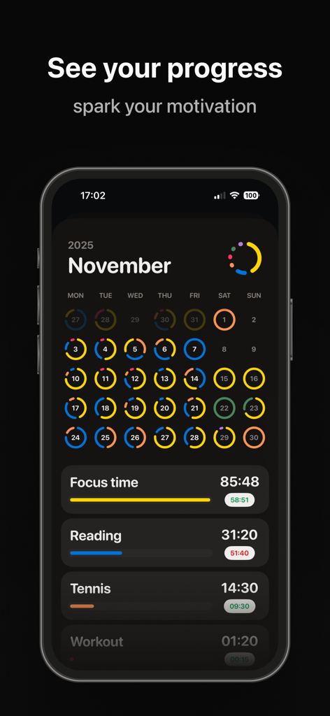 Emphasis: Flow & Focus Timer - A mobile app interface displaying a monthly calendar with colorful focus activity rings and categorized time tracking stats for work and hobbies