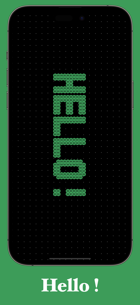 Uno schermo di smartphone che visualizza la parola Hello in uno stile a matrice di punti LED verde verticale.