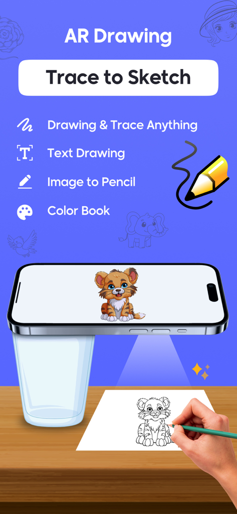 AR Sketch - Trace Anything - AR 드로잉 앱이 휴대폰에서 종이로 만화 호랑이를 따라 그리는 방법을 보여줍니다.