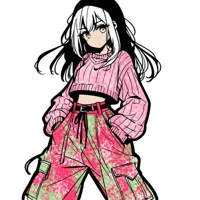 anime teen girl with baggy pants and crop top with sweater