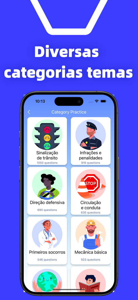 Simulado Detran CNH Prova 2026 - Tela do aplicativo Simulado Detran CNH mostrando categorias de estudo, incluindo placas de trânsito e direção defensiva.