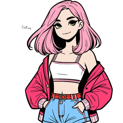 a realistic girl with a crop top and short shorts in an open jacket