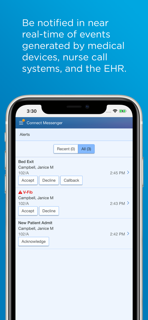 CareAware Connect Messenger - Clinical alerts screen on CareAware Connect Messenger showing real time patient notifications