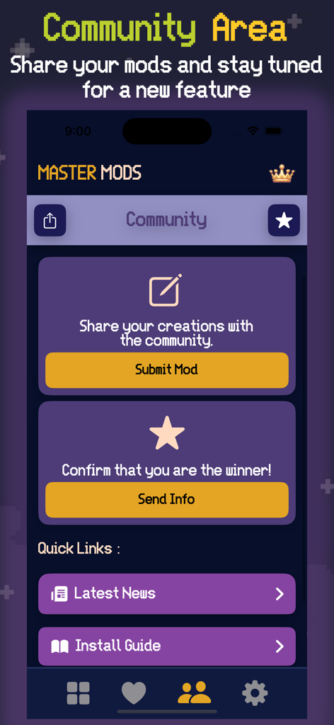 Mel Mods Skins For Ragdoll PG - The community area of the Mel Mods app showing buttons to submit mods and access the install guide.