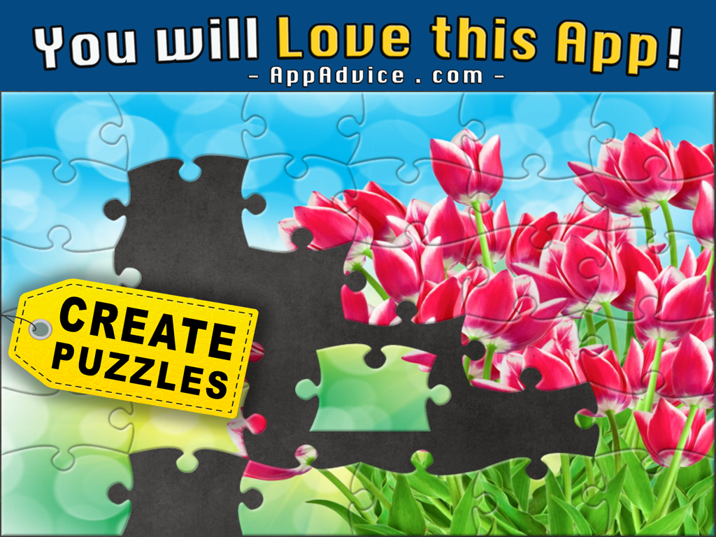 Jigsaw Box Puzzles - A floral tulip jigsaw puzzle game interface with a yellow tag that says Create Puzzles and a quote from AppAdvice.