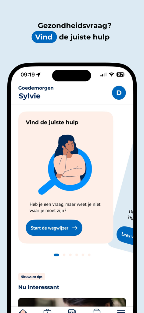 ZelfZorgWijzer - ZelfZorgWijzer app home screen showing the health triage guide feature.