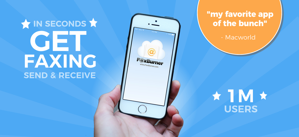 Fax Burner iPhone app promotional screen highlighting one million users and Macworld review