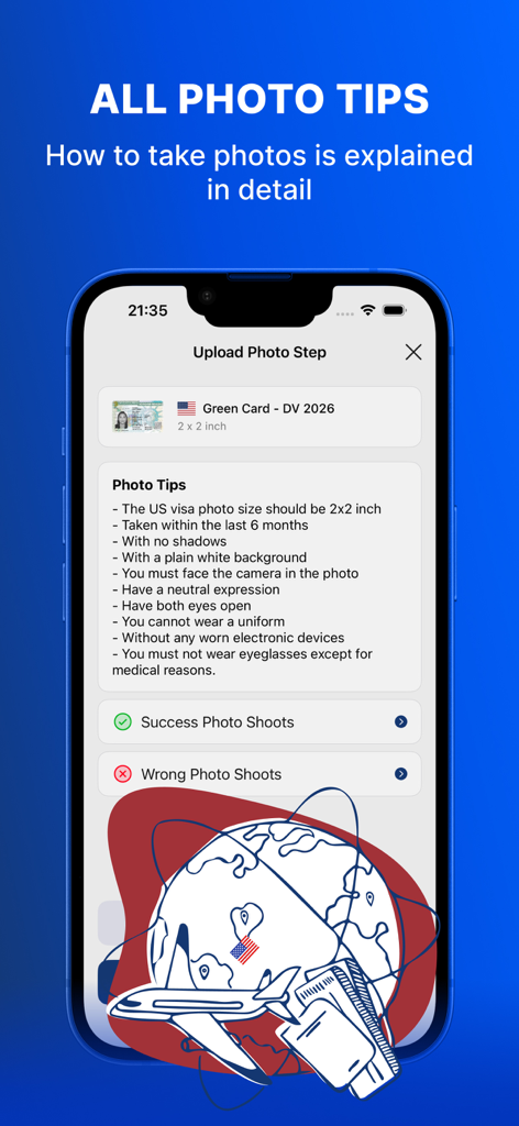 Green Card Visa AI Photo Maker - Pantalla de la aplicación que muestra consejos detallados de fotos para una solicitud de Green Card y visa de EE. UU. compatible.