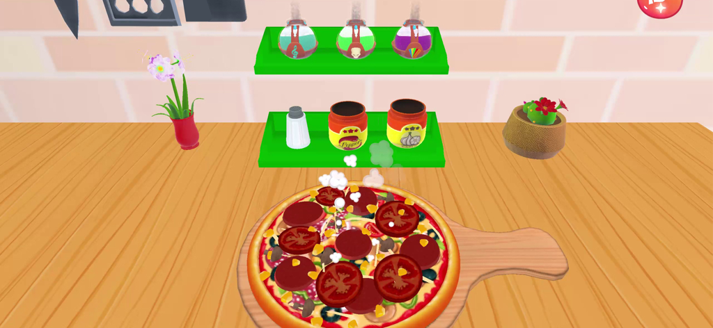 Cooking Master: Chef Game - A colorful virtual pepperoni pizza on a wooden board inside a kitchen setting from the Cooking Master Chef Game.