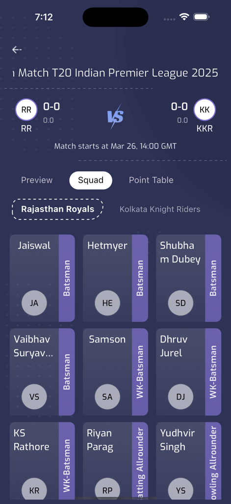 SNC Sport App zeigt die Kaderaufstellung des Rajasthan Royals Cricketteams für ein IPL-Spiel.