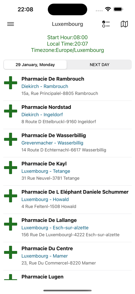 Capture d'écran de l'application Luxembourg Pharmacies montrant une liste de pharmacies de garde avec leurs adresses et leurs emplacements