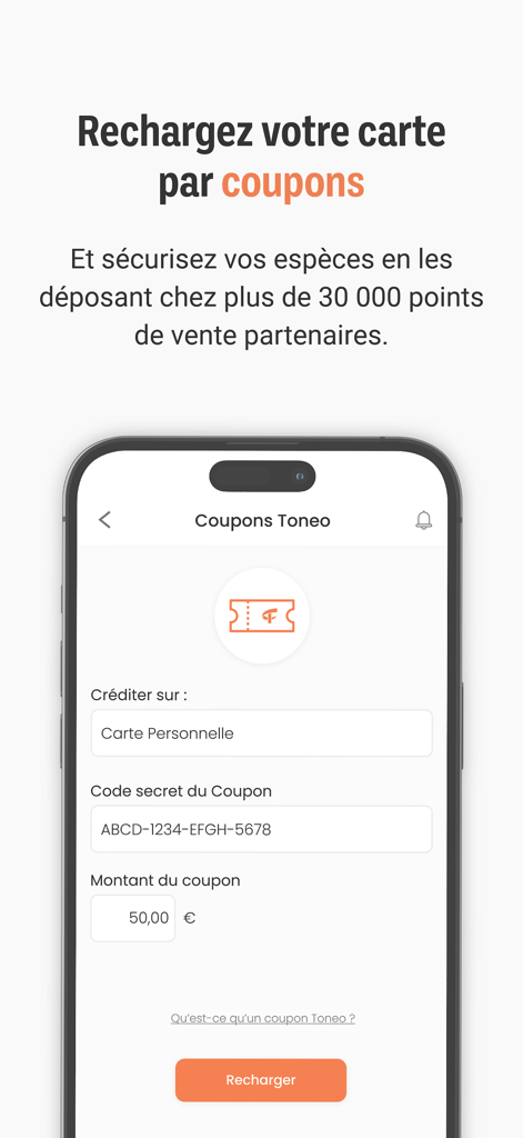 Interface de l'application Toneo First pour recharger une Mastercard prépayée à l'aide de coupons en espèces