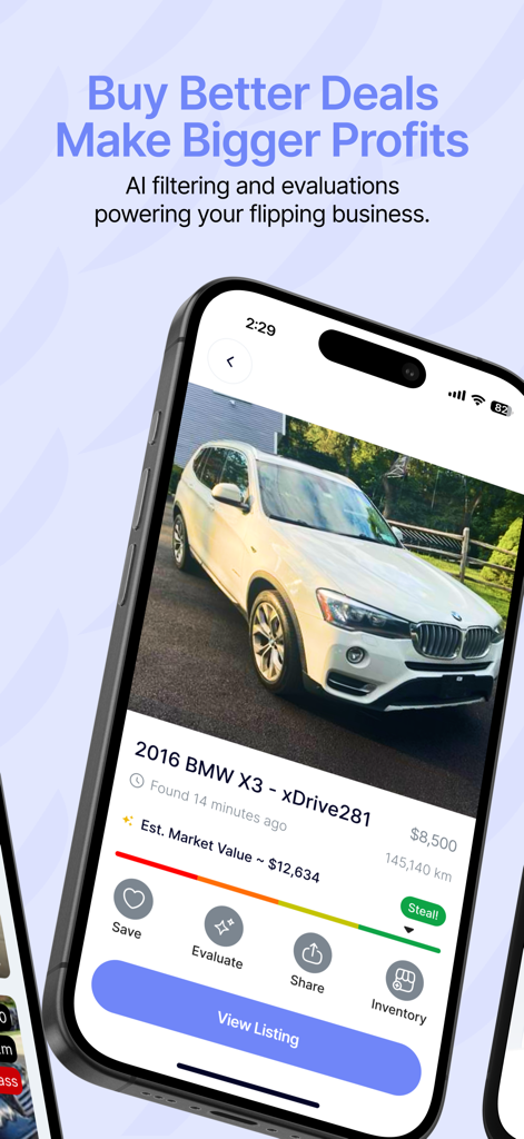 Swoopa app screen showing a car listing with AI driven market value evaluation